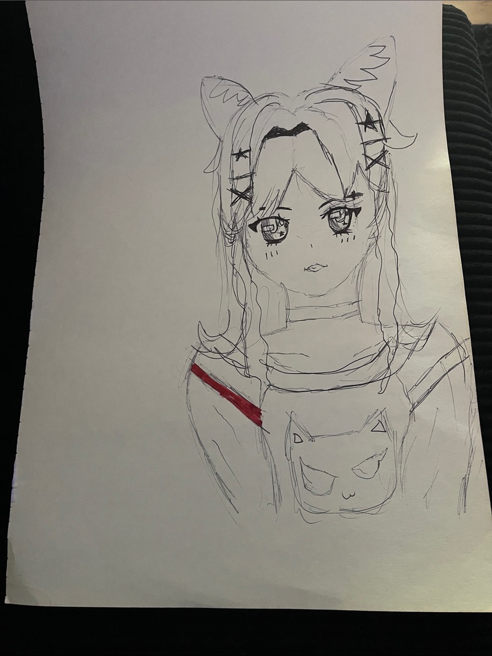 Hand-Drawn Anime Character Sketch in Black Ink with Red Accent